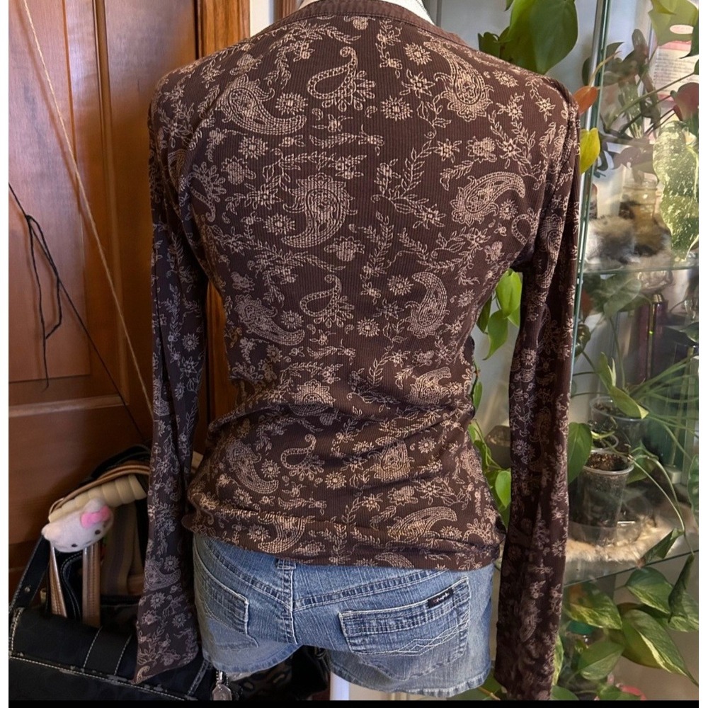 Y2KFaded Glory Brown Paisley Ribbed Henley Long Sleeve Top XXL 20 Floral Print